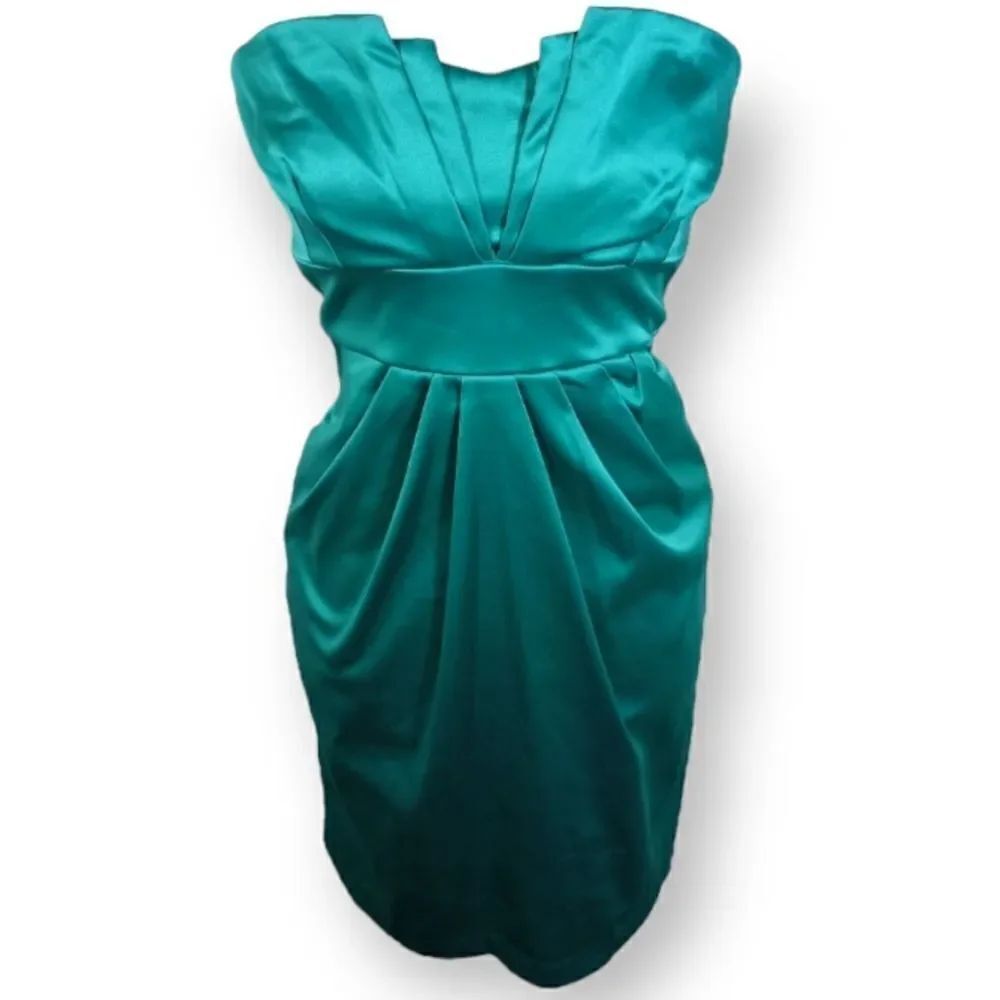 LOVE TEASE TURQUOISE SATIN STRAPLESS DRESS W/POCKETS SZ.11 EUC